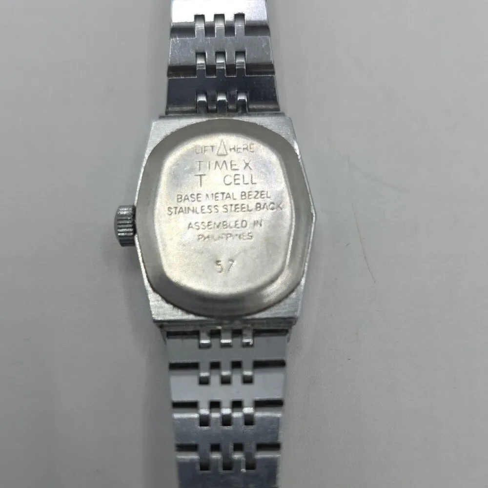 *VINTAGE*Timex Cell Quartz Analog Square Silver Dial Silver Tone Bracelet Watch